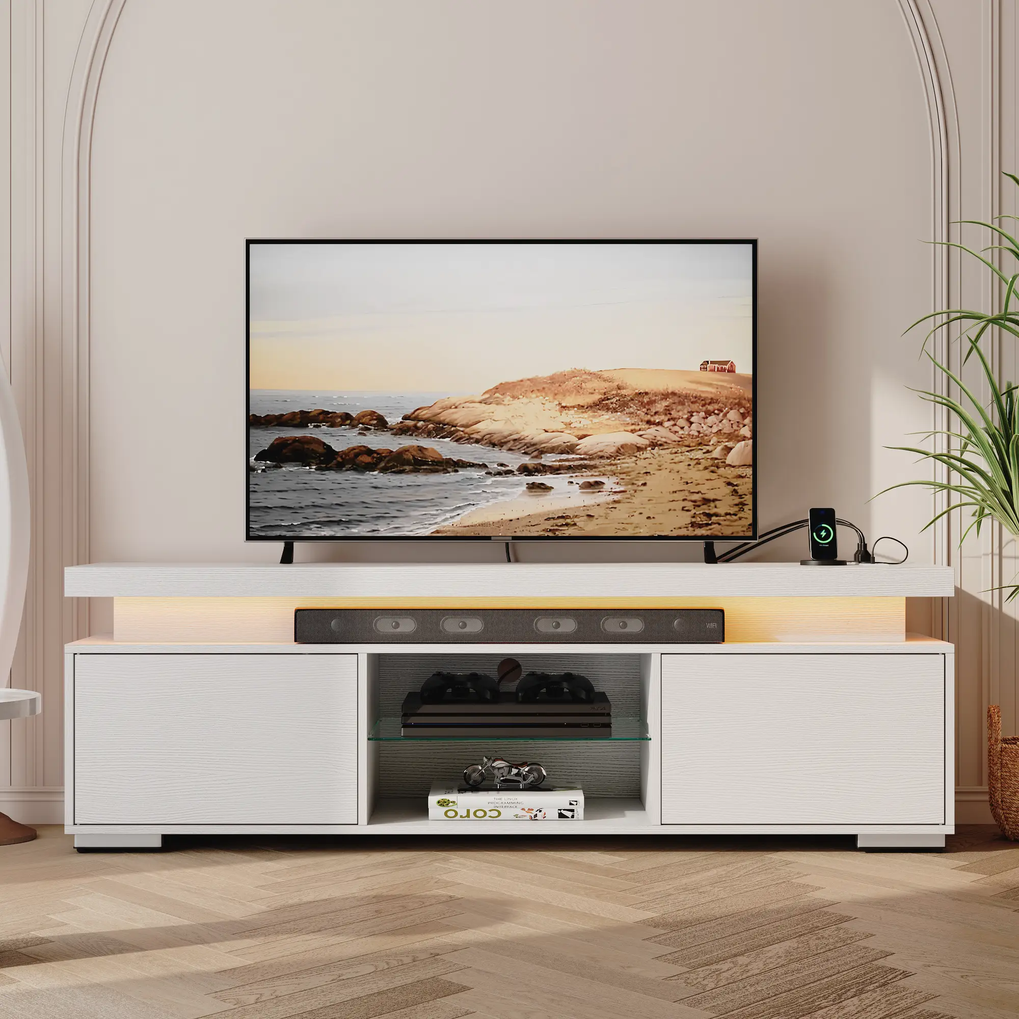 Yitahome TV Stands for Living Room, Modern Entertainment Center w/Power Outlets, LED Television Stands with Storage, Wood TV Stand, Gaming Media Stand