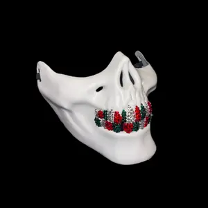 White Half Skull Mask With Blinged Out Crystal Red Green & Silver Luxe Crystal Grillz