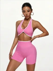 Women's 2-Piece Colorblock Halter Knot Crop Top and High Waist Yoga Shorts Set, Activewear Fitness, Tummy Control, Four-Way Stretch Fabric, Athleisure Wear Set, Fitness & Daily Wear