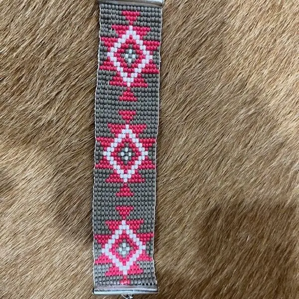 Handmade Pink and Gray Wide Band Peyote Bracelet with Geometric Design and Adjustable Closure