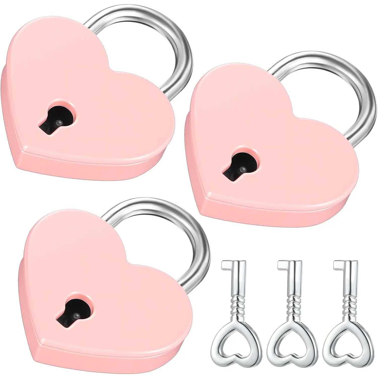 3 Pieces Small Heart-Shaped Metal Padlocks with Keys (57 g, 3.9 x 3 x 0.75 cm) - Pink Personalized Love Padlocks for Female, Thoughtful Gift, Diary Book, Jewelry Box, Storage Locker