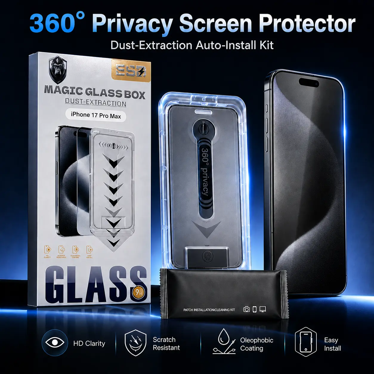 Magic Glass Box 360 Privacy Screen Protector for iPhone 17 Pro Max Auto Alignment Kit 9H Tempered Glass