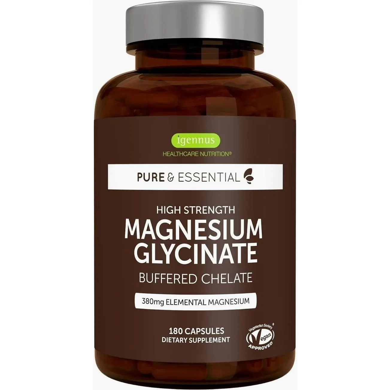 Igennus Highest Strength Chelated Magnesium Glycinate 1300mg, 380mg Elemental, 90 Servings, Pure & Clean Buffered Magnesium Bisglycinate, Vegan, 180 Capsules