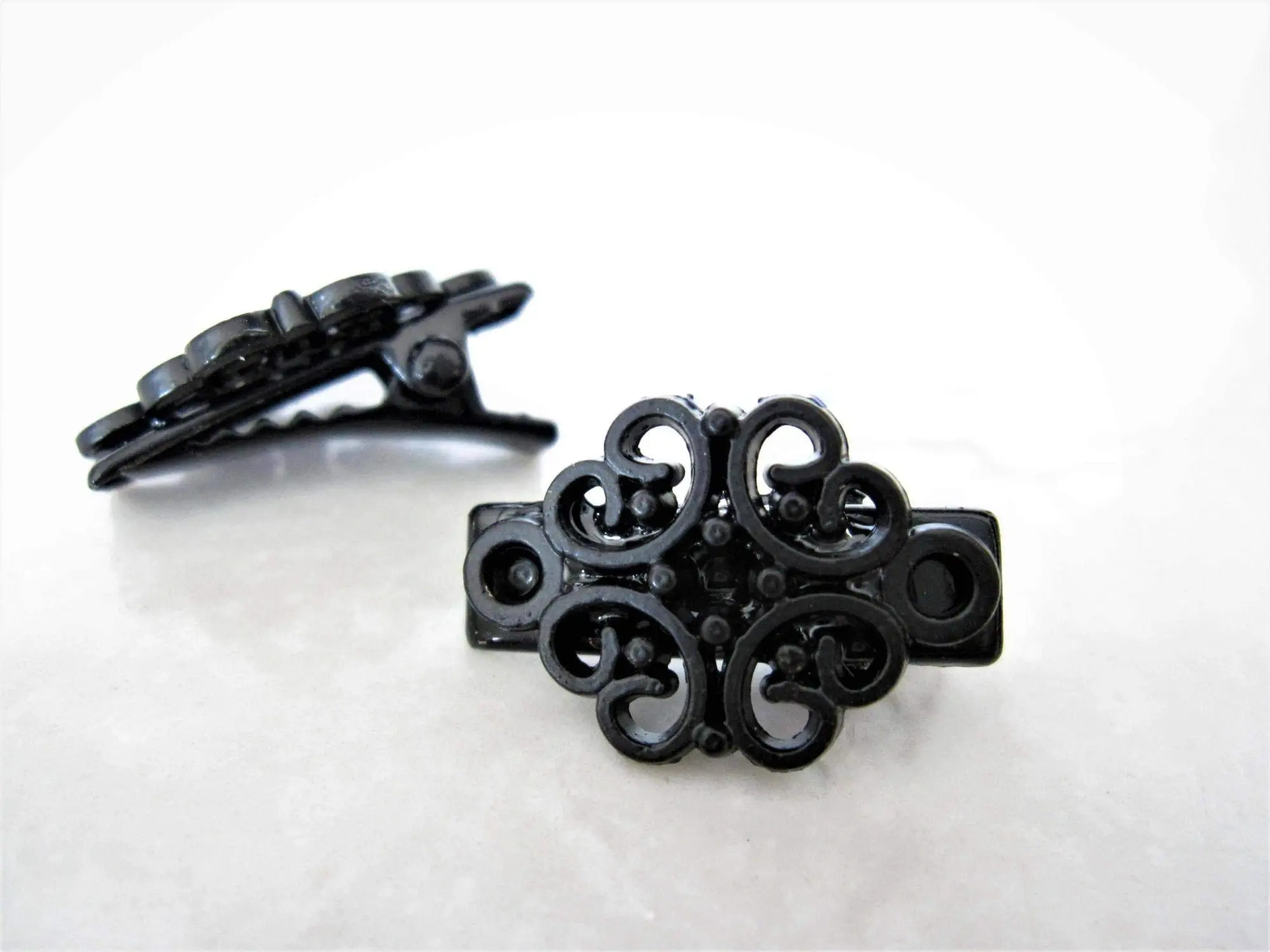 Set of 2 extra tiny small black filigree metal alligator hair clip for fine thin hair