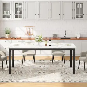 71 Inch Industrial Dining Table Large Rectangle Kitchen Table with Metal Legs Round Corners Wooden Conference Desk for Dining Room Living Room Only Table