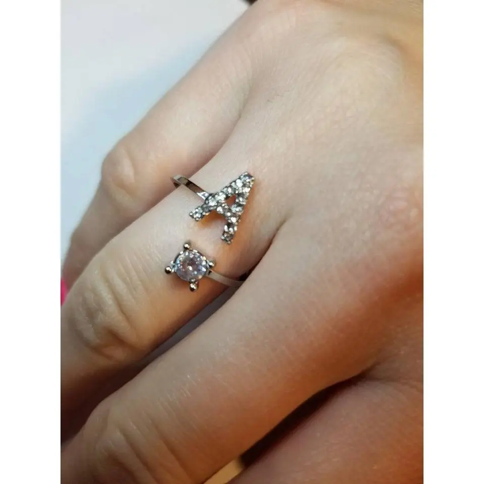 Silver A initial rhinestone adjustable ring