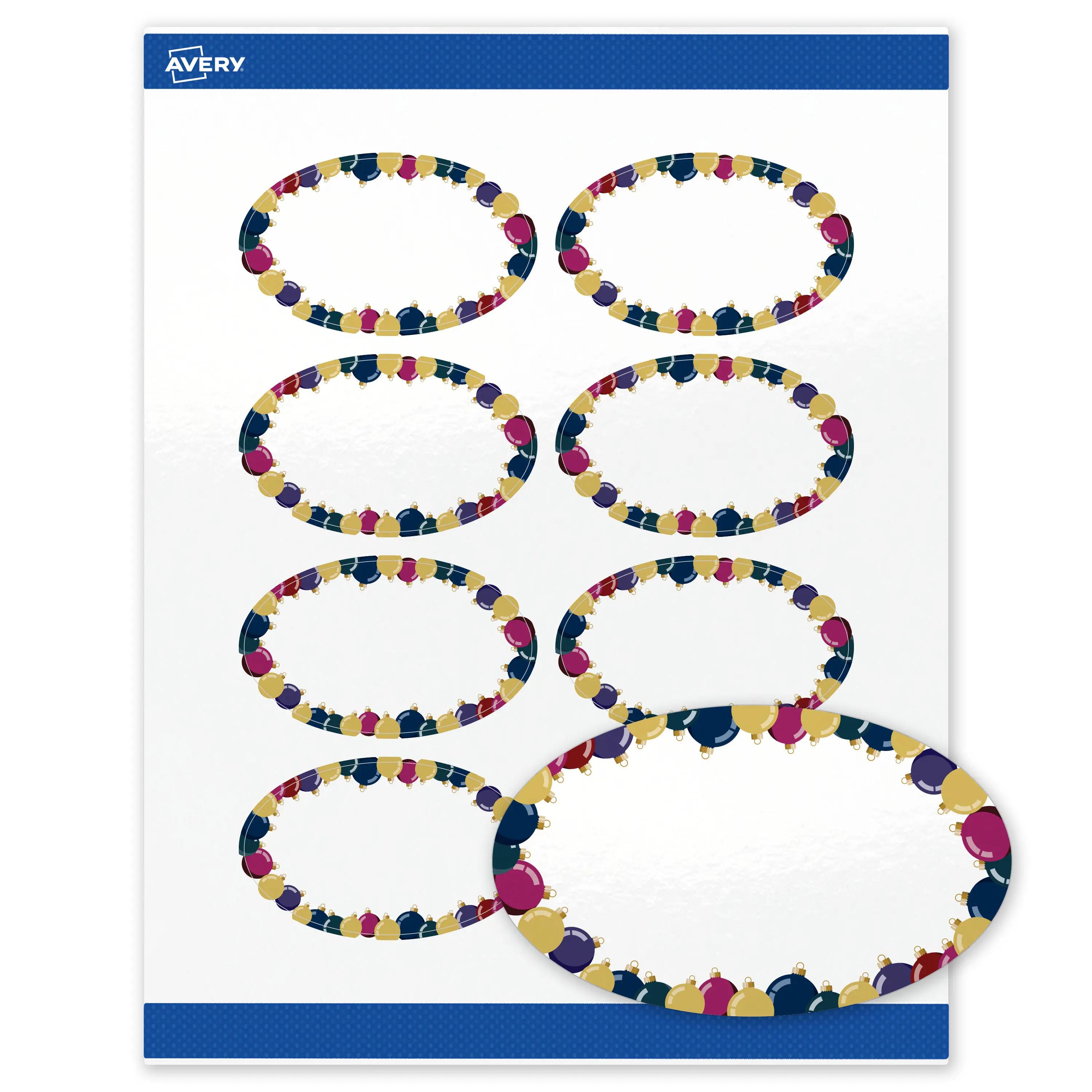 Avery® Printable Oval Labels, 2" x 3-1/3", Glossy White, Pre-printed Metallic Gold & Jewel Tone Ornaments Design, Sure Feed® Technology, Laser/Inkjet Compatible, 160 Total