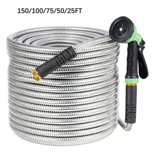 150FT/100FT/75FT/50FT Stainless Steel Garden Hose with 10 Spray Nozzle, Heavy Duty Metal Water Hose, No Kink, Rust Proof, Flexible & Lightweight Outdoor Hose for Lawn, Yard, RV and Car Wash