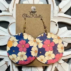 Boho Retro Vintage Floral Sublimated Wooden Earrings - casual, bridesmaids, rustic - Fashion Accessory