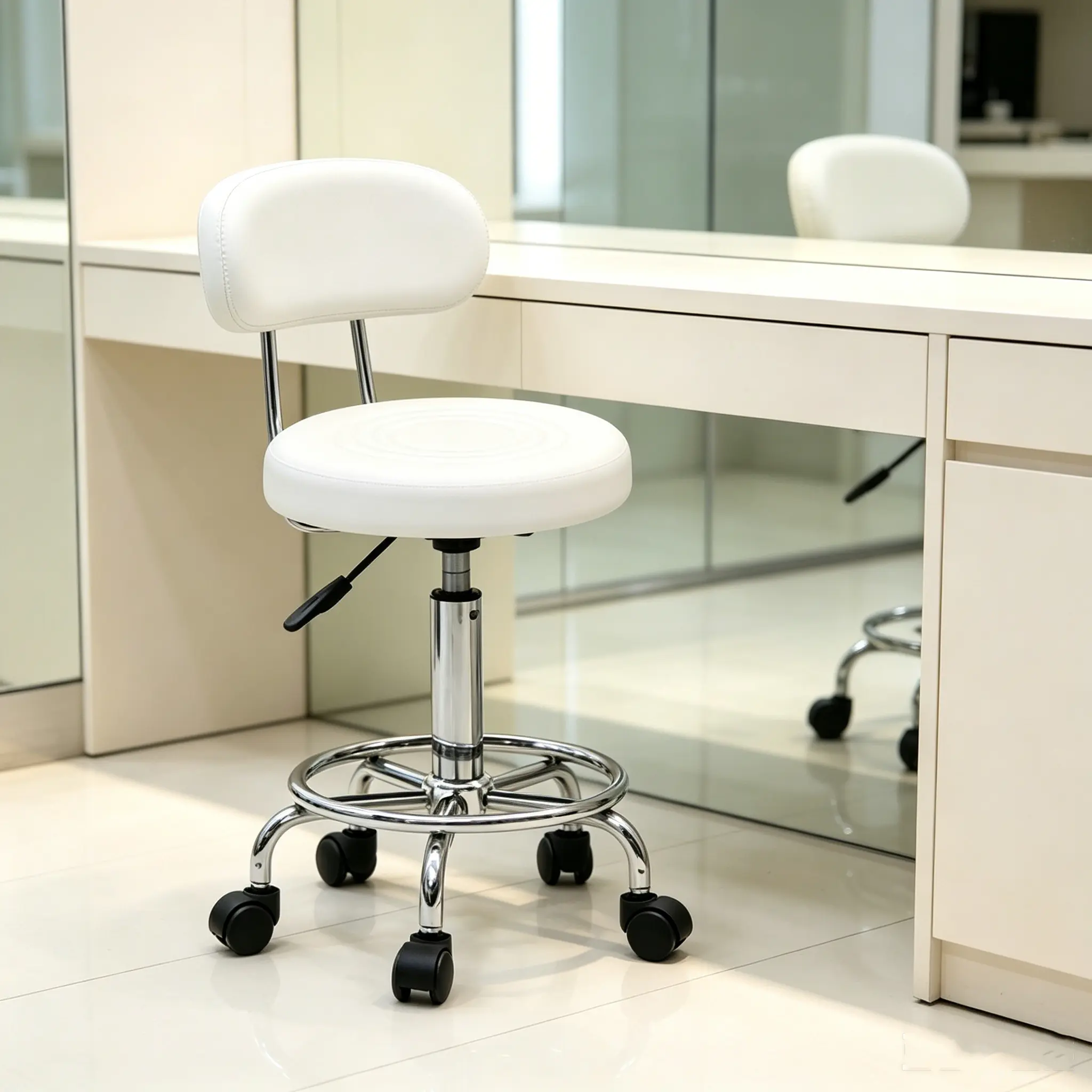 Round Shape Adjustable Salon Stool with Back and Line White