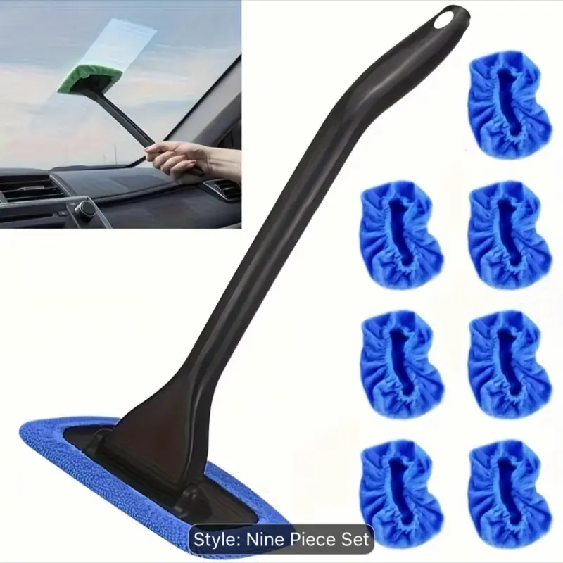9pcs Car Interior Windshield Cleaning Kit Set - Includes 8 Reusable Pads, Interior Window Cleaning Stick, Brushes, Dust & Stain Remover, Blue, No Battery Needed
