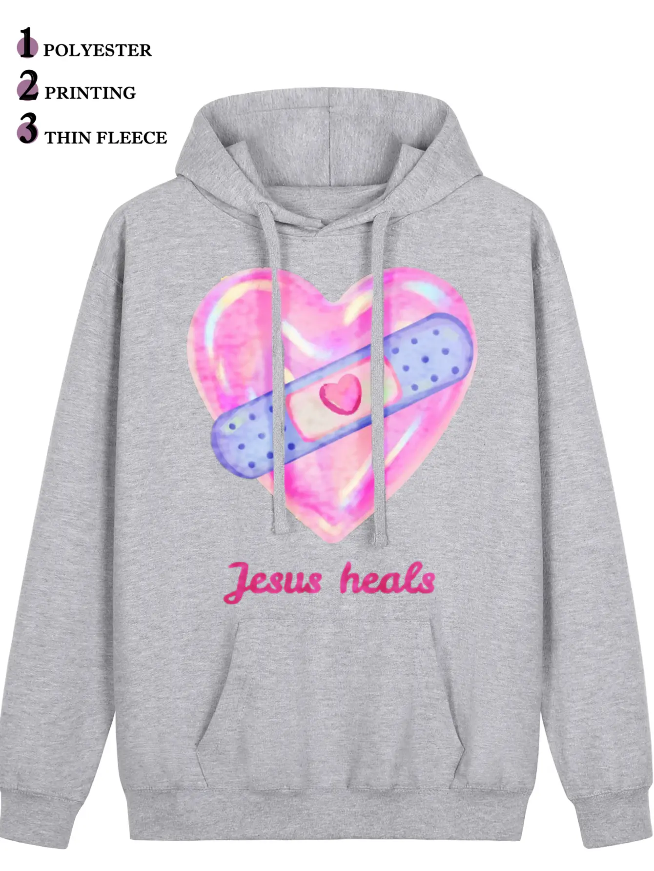 Jesus Heals Graphic Hoodie Women Front Back Printed Christian Sweatshirt Pink Heart Bandage Cute Aesthetic Faith Apparel Thin Fleece Soft Polyester Loose Fit Hooded Tops Light Grey Streetwear Casual Fall Outfits Gift