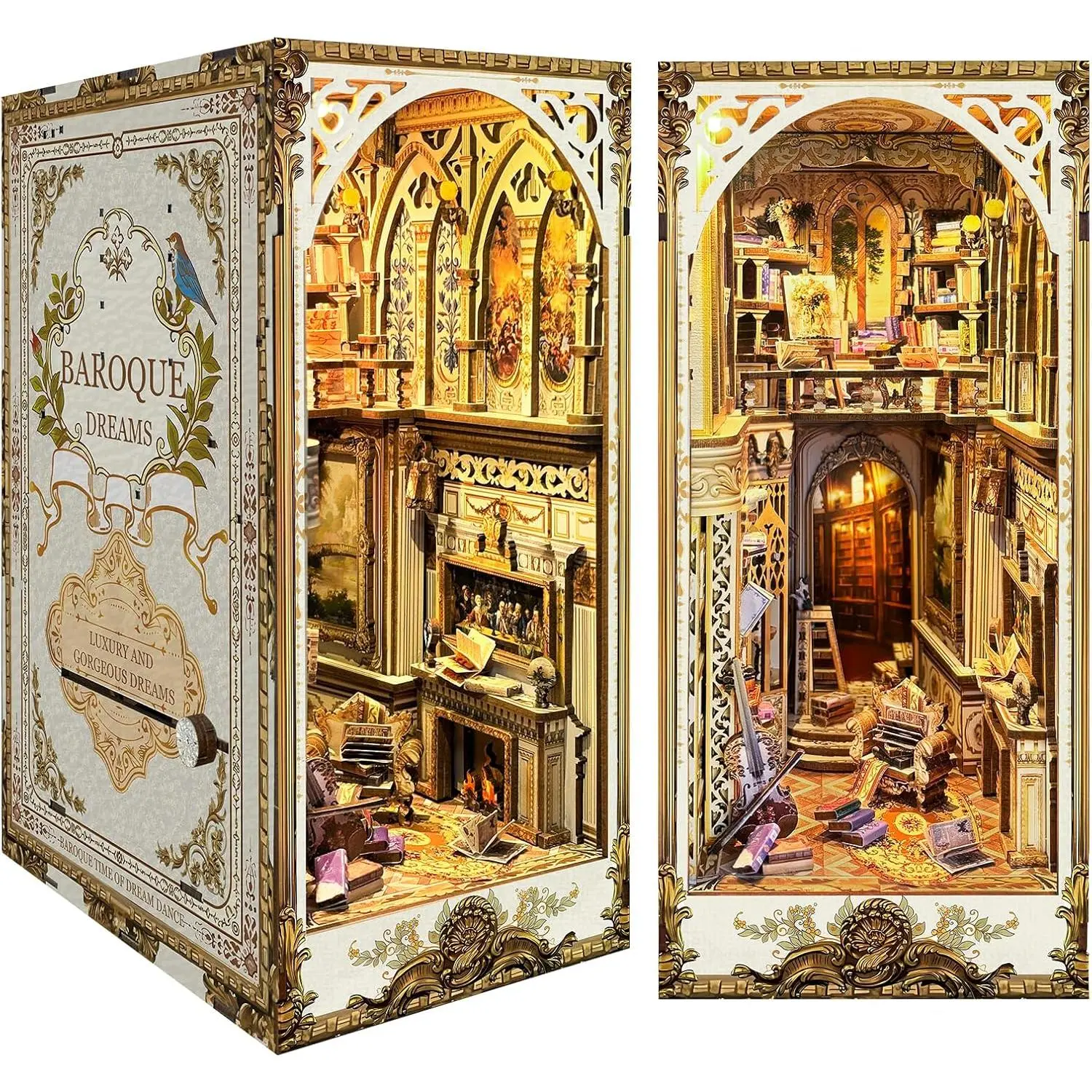 DIY Book Nook Kit - Bookend Diorama with LED - 3D Wooden Puzzle DIY Miniature House Kits - Bookshelf Insert Decor - Booknook Dollhouse Crafts Hobbies Gifts for Adults (Classical Library)