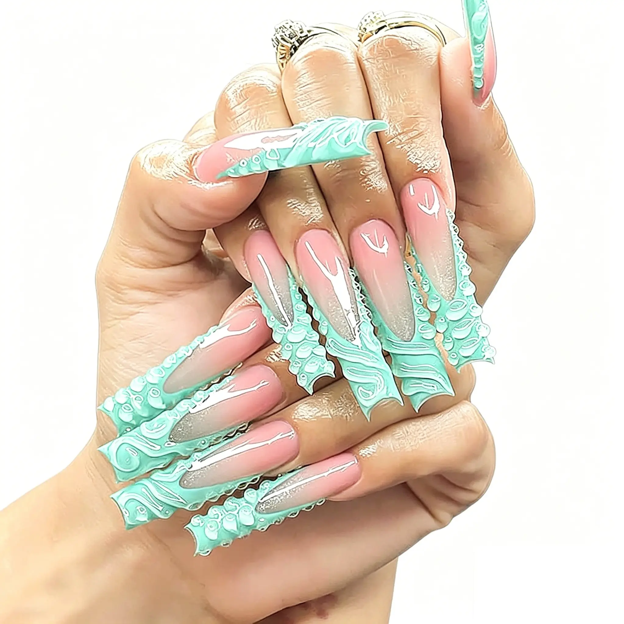 Mermaidcore Mint Green 3D Press On Nails - Long Coffin Fake Nails with Sculpted Waves & Gradient Finish Nail Design