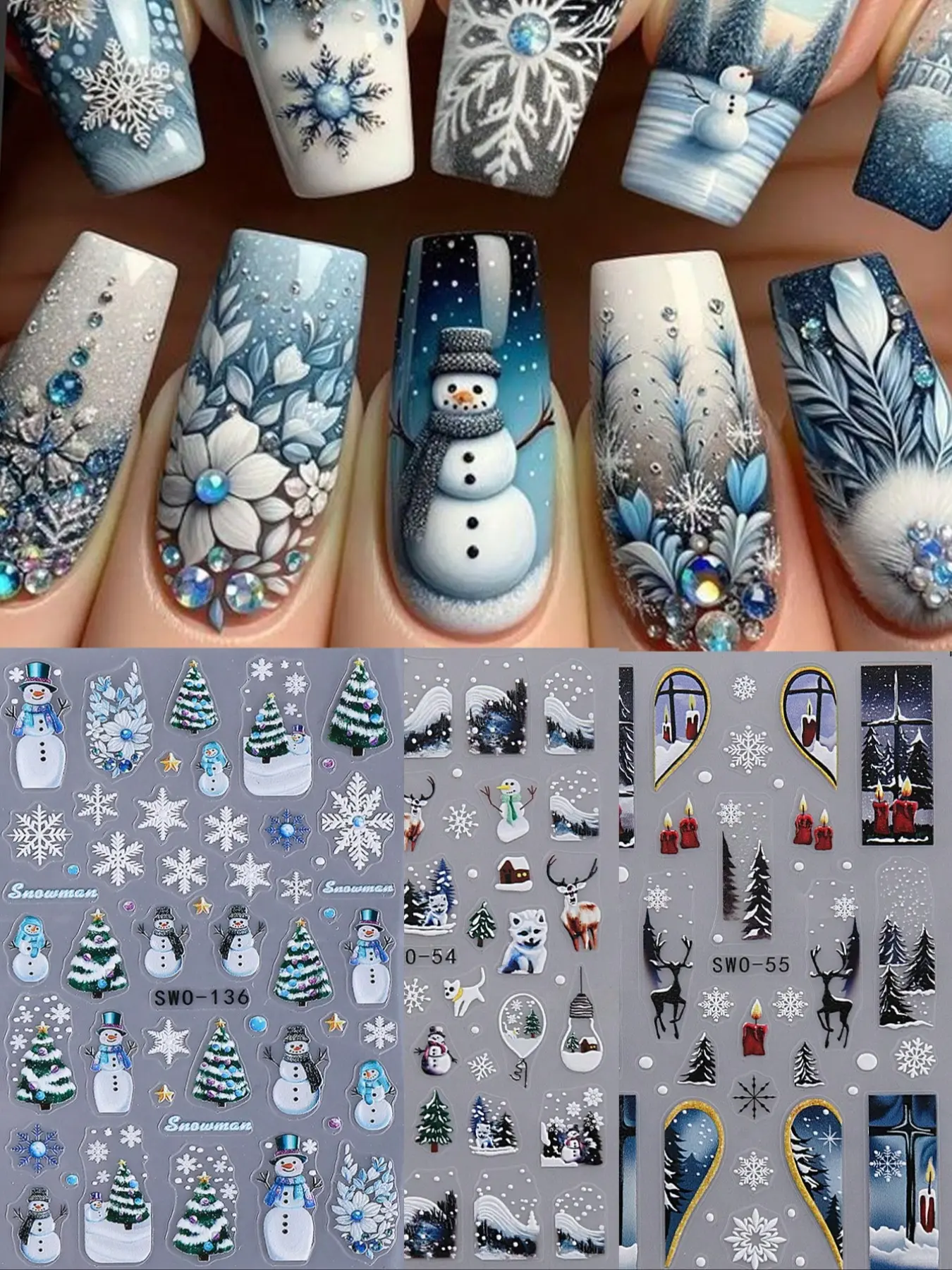 3pcs 5D Embossed Festive Snowman Snowflake Nail Art Stickers, Christmas Theme Decorative Decals, DIY Adhesive Nail Wraps for Winter Holidays, Nail Art Accessories