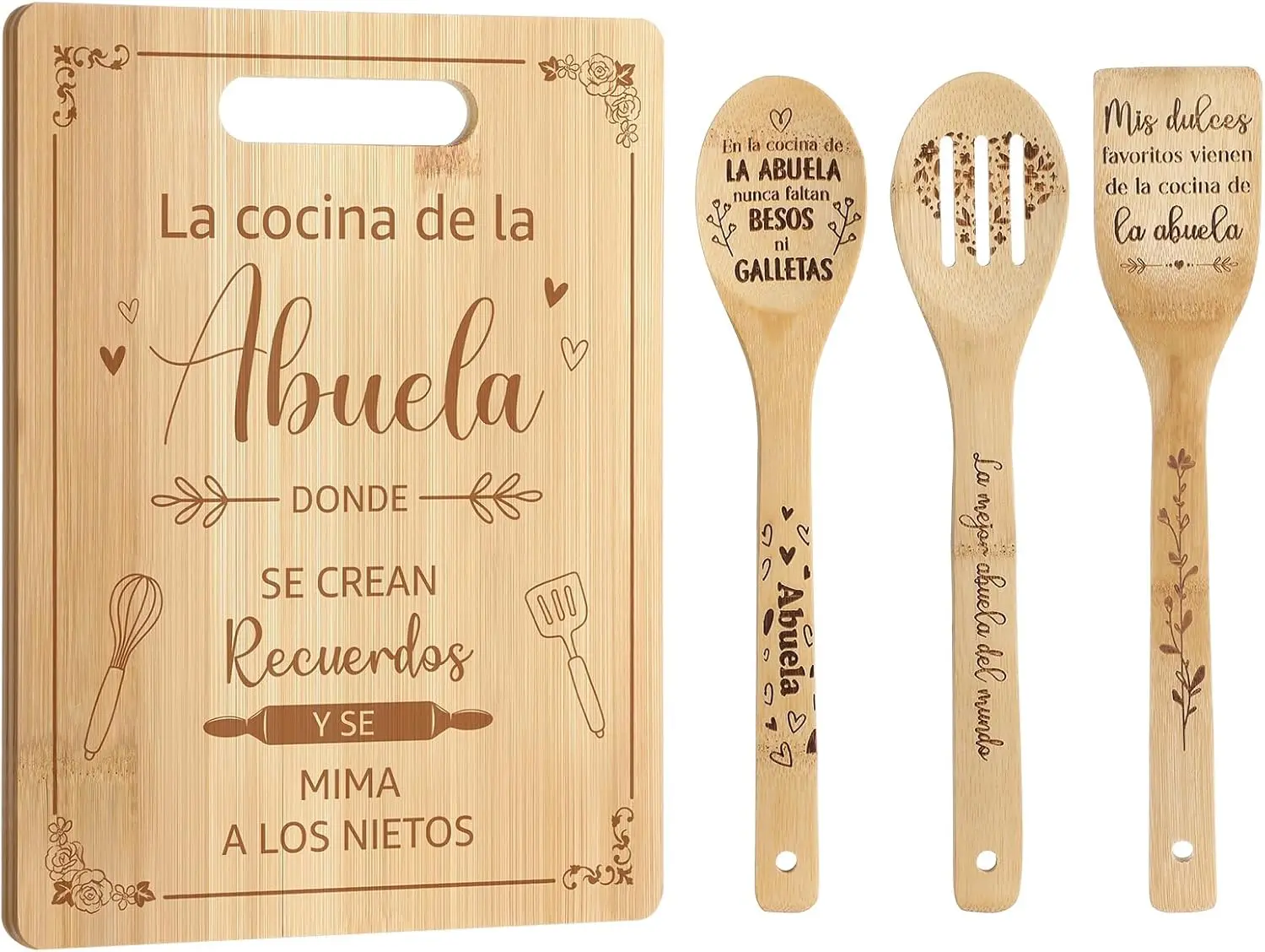4 Pieces Christmas Spanish Gifts for Abuela Laser Engraved Bamboo Cutting Board Engraved Bamboo Cooking Board Gift Set for Grandma, Mother's Day Gift for Mom from Grandchildren