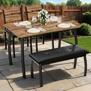 Space-Saving 4-Piece Dining Table Set – Modern Wooden Table, Upholstered Bench & 2 Cushioned Chairs – Sturdy Metal Frame – Perfect for Kitchen, Dining Room, Apartments, Small Spaces – Black/Gray