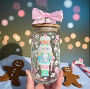 Pastel Nutcracker Glass, Pink Christmas Cup, 16 oz. Glass with Lid, Holiday Glass Can, Holiday Tumbler, Pink Christmas Cup
