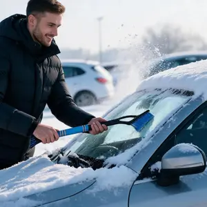 2-in-1 Car Snow Brush & Ice Scraper. Heavy Duty Windshield Frost Remover Tool with Ergonomic Foam Grip. Scratch-Free Bristies for AutoTruck, SUV Window Snow Removal. Essential Winter Car Accessories & Fast Defrosting Tool