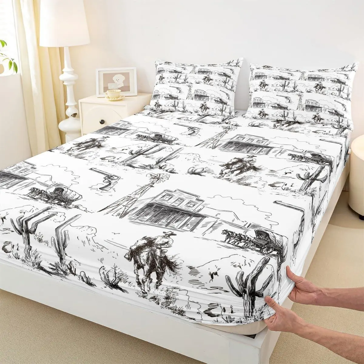Western Bedding Set,Vintage Desert Cowboy Fitted Sheet for Kids Boys Girls Room Decor,Rustic Farmhouse Style Bed Sheet Hand Drawn Sketch Black White Deep Pocket Sheet