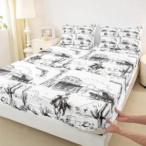 Western Bedding Set,Vintage Desert Cowboy Fitted Sheet for Kids Boys Girls Room Decor,Rustic Farmhouse Style Bed Sheet Hand Drawn Sketch Black White Deep Pocket Sheet
