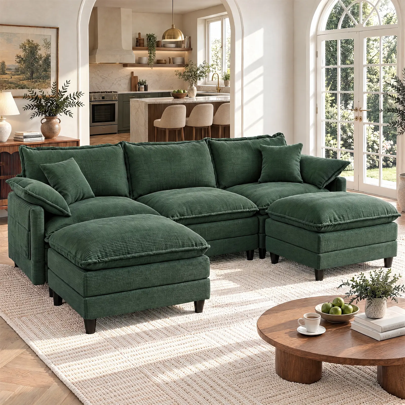 Copiae Corduroy L/U-Shaped Modular Cloud Sofa (108-143.7in), Co Furniture Apartment Furniture with Movable Dual-Function Ottoman-Coffee Table, 3-Layer High-Resilience Foam Comfy Couch, Easy Assembly, Washable Covers (2-3 Packages Shipping)