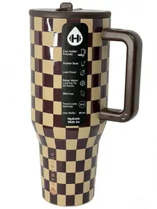 HydroJug 40oz Checkered Tumbler with Handle & Straw Autumn Checkers Design Triple-Wall Insulated Leakproof BPA Free Stainless Steel Cupholder Friendly Portable Drinkware for Iced Coffee & Smoothies - Bottled, Stylish