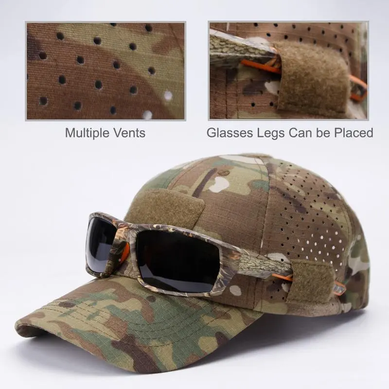 【SummerVibes】New sports and leisure breathable camouflage baseball cap with Sunglasses Holder | Tactical Camo Hat for Range Day Training Military Fan Visor | Men Women Outdoor Hiking Golf Baseball Games Memorial Day Weekend Distressed Snapback Sun Hat Cam