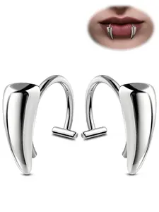 2PCS Vampire Fangs Fake Lip Rings, Stainless Steel Lip Cuff Piercing Jewelry Hoops, Adjustable Faux Non-Piercing Labret Piercing Jewelry For Women Men Silver Black Halloween Trend Personalized Fangs