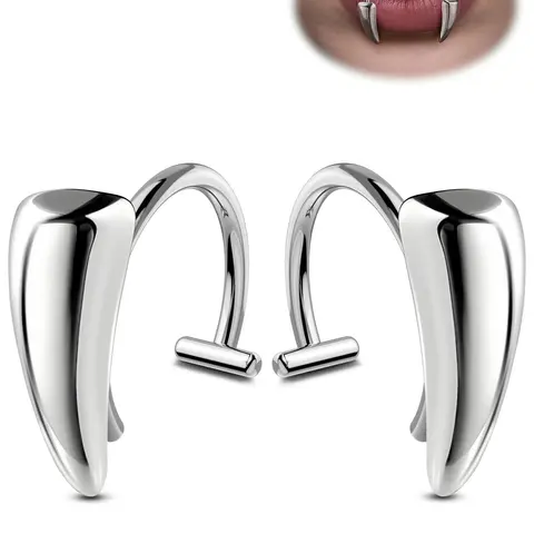 2PCS Vampire Fangs Fake Lip Rings, Stainless Steel Lip Cuff Piercing Jewelry Hoops, Adjustable Fit Faux Non-Piercing Labret Piercing Jewelry For Women Men Silver Black Halloween Punk Aesthetic Side Labret Jewelry Mouth Jewelry