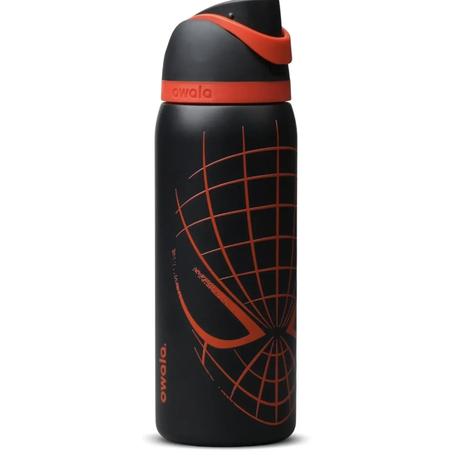 Red Web Graphic Water Bottle with Straw Lid, Black Reusable Sports Water Bottle, Superhero Inspired Design