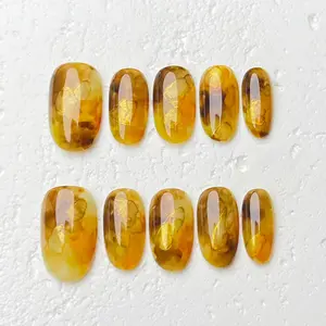 [Amber] Short Oval Handmade Press on Nails, Fake Nails with Nail tool kit with Jelly Stickers, Reusable, Durable