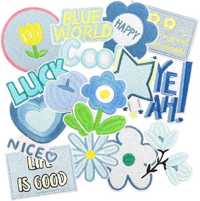 15 Pcs Blue Flower Iron On Patches, Cute Boho Inspirational Phrase Embroidered Applique Patches, Clothes Backpacks Hats Pants Jackets Jeans Decoration, DIY Accessories