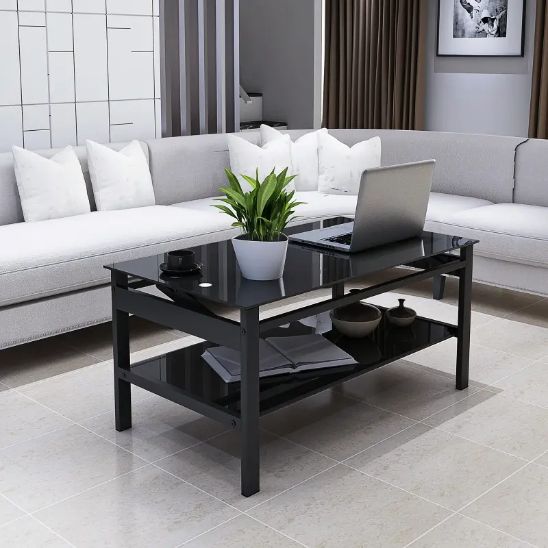 【Bellemave】Glass Lift Top Coffee Table, Modern Simple 2-Layer Tempered Glass Coffee Table for Living Room, Black