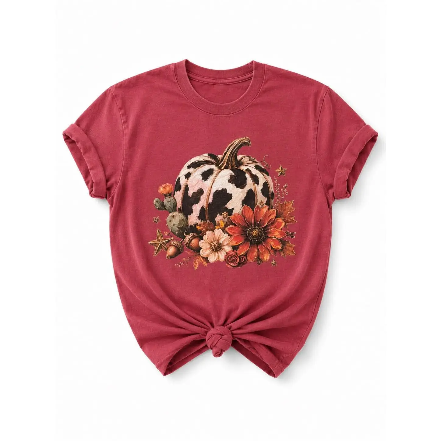 Plus/Reg Short Sleeve Cow Print Pumpkin Autumn Graphic Tee