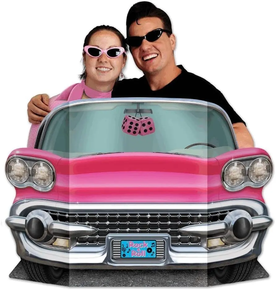 Pink Convertible Photo Prop - 1950s Style Party Accessory with Chrome Grille & Fuzzy Dice for Retro Themed Events
