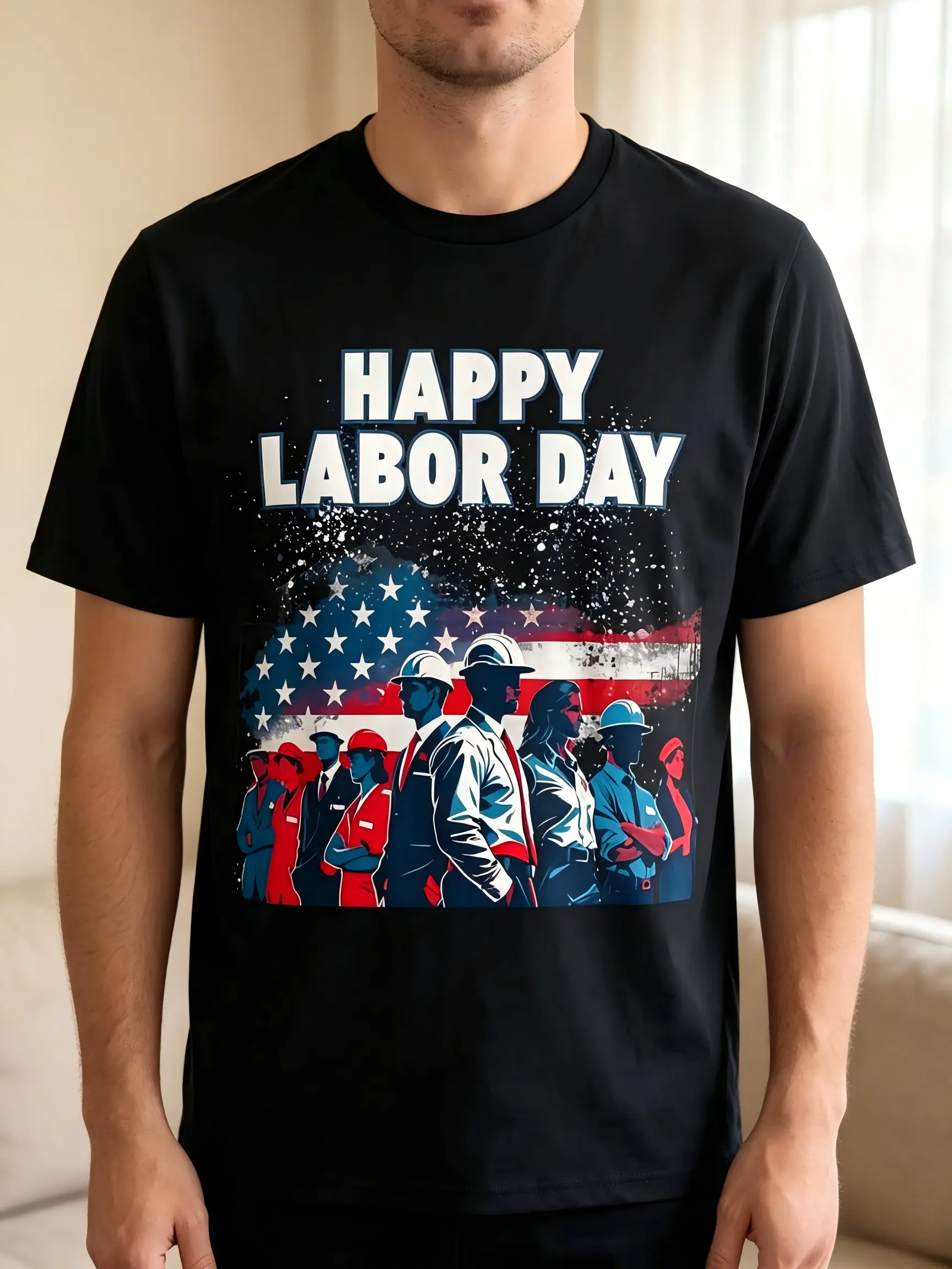 Labor Day Thank You T-Shirt for Men and Women - Bold Happy Labor Day Print with National Flag and Construction Worker Motifs, Soft and Breathable Crew Neck Casual T-Shirt, Loose Fit Unisex Shirt, Suitable for Parades, Picnics, and Gifts(Machine washable)