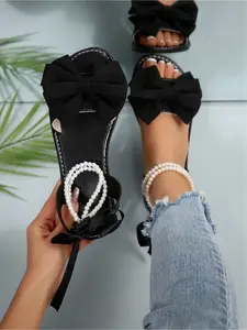 Women's Bow Decor Pearl Ankle Strap Flat Sandals, Open Toe Lace Up Bohemian Beach Shoes, Sizes 36-43 Multiple Colors