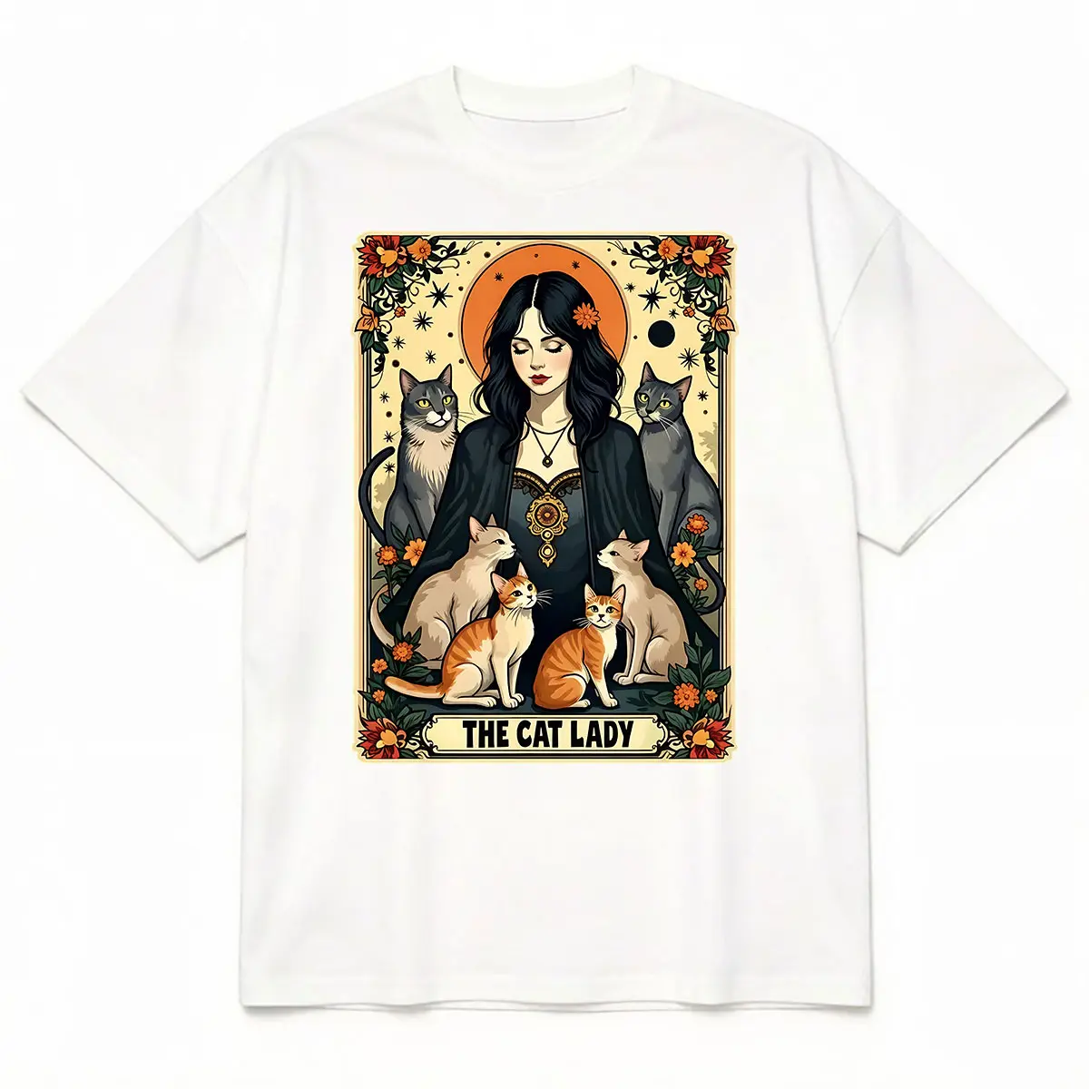 The Cat Lady Tarot Card Graphic T-Shirt Vintage Witchy Cat Art Print Casual Short Sleeve Crew Neck Tee Mystical Floral Cat Lover Design Unisex Daily Top
