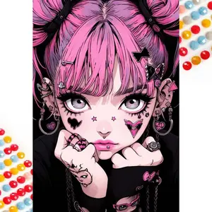 5D DIY Full Drill Round Diamond Painting - Diamond Art Painting Kit Pink Hair Mosaic, Canvas - DIY Home Decor, Wall Decoration, Suitable for Halloween and Christmas, Birthday and Anniversary Gifts