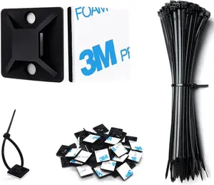 Strong Back-Glue Self Adhesive Cable Zip Tie Mounts Kit - 100 Set Cable Management Clips with 6" Zip Ties, Wire Holders - Outdoor Sticky Wire Organizer Clips-Black ALLWIN
