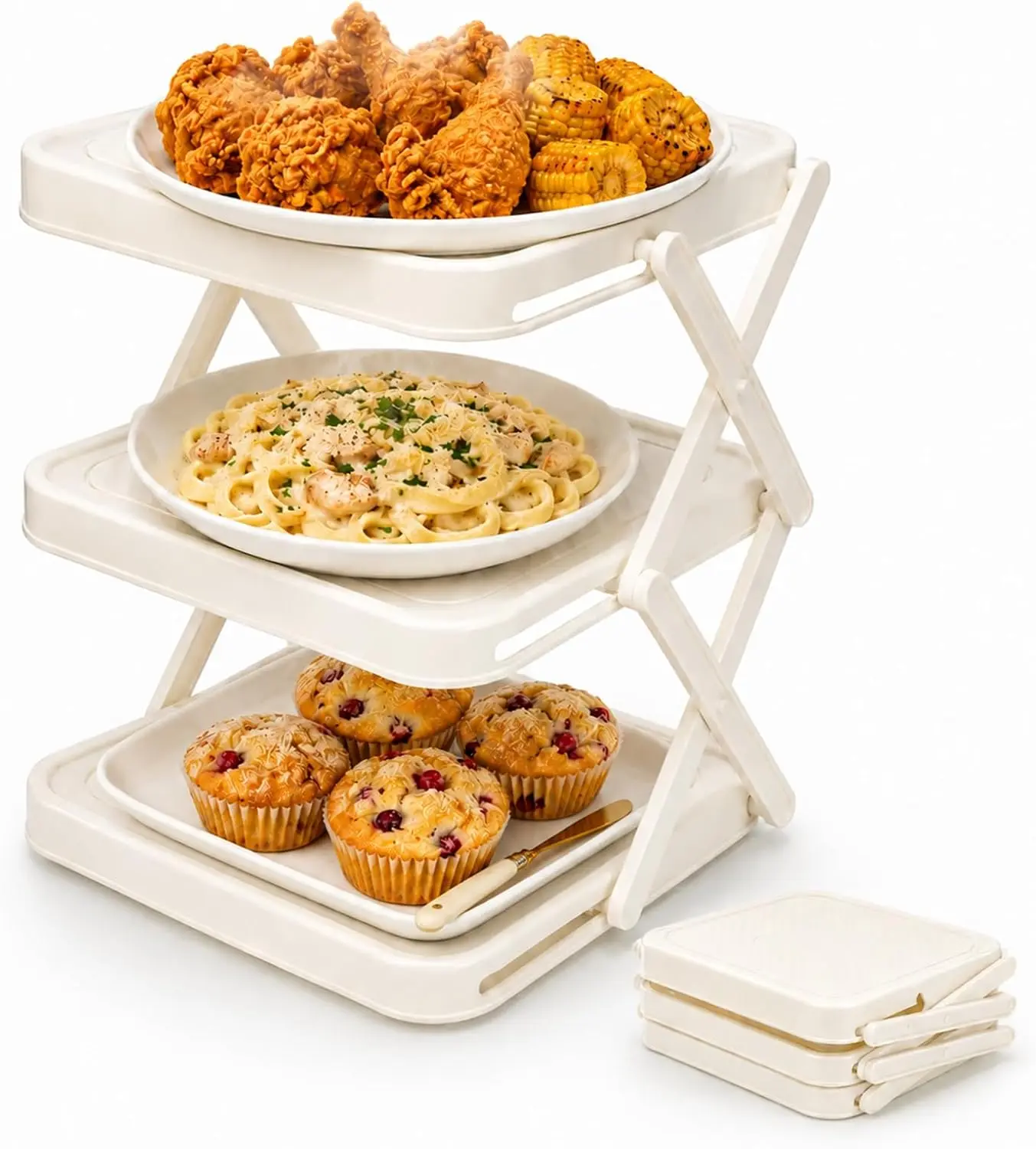 3-Tier Foldable Food Prep Rack, Kitchen Countertop Organizer for Plates, ABS Plastic Foldable Storage Shelf, Space Saving Cooking Stand for Meal Prep