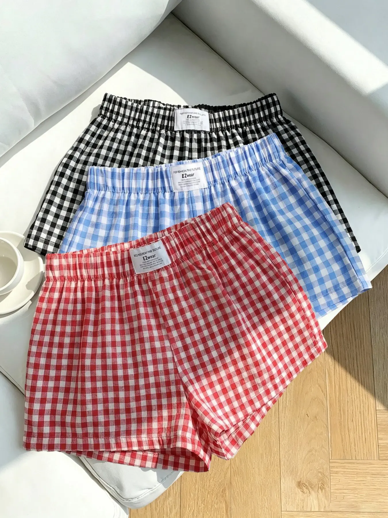 Women's Vintage Plaid Print Lightweight Lounge Shorts, Elastic Waist Casual Loungewear Sleepwear, Summer Beach Vacation Pants, 3-Pack, Loose-Fit, Bottom