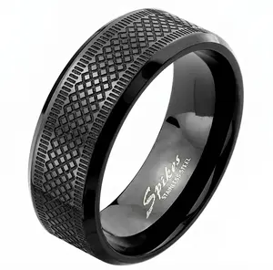 Lanyjewelry Male 8mm Groove-Cut Diamond Black IP 316 Stainless Steel Ring, Hypoallergenic Stackable Wedding Ring for Weddings & Daily Wear, Men's Fashion Costume Jewelry Accessory, Stackable Rings