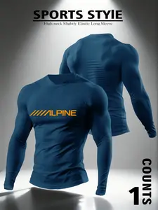 Men's ALPINE pattern round neck micro elastic long sleeved top, Athletic t shirt, fitness top, Gym workout shirt, with eye-catching print, moisture wicking fabric, suitable for gym training, sports and active lifestyle