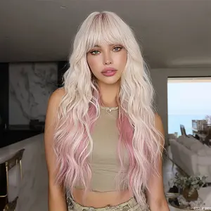 SMILCO/27Inch Highlight Pink with Platinum Long Wavy with Bangs Synthetic Wig for Women with Bangs Stylish and Versatile Hairpiece/SM556
