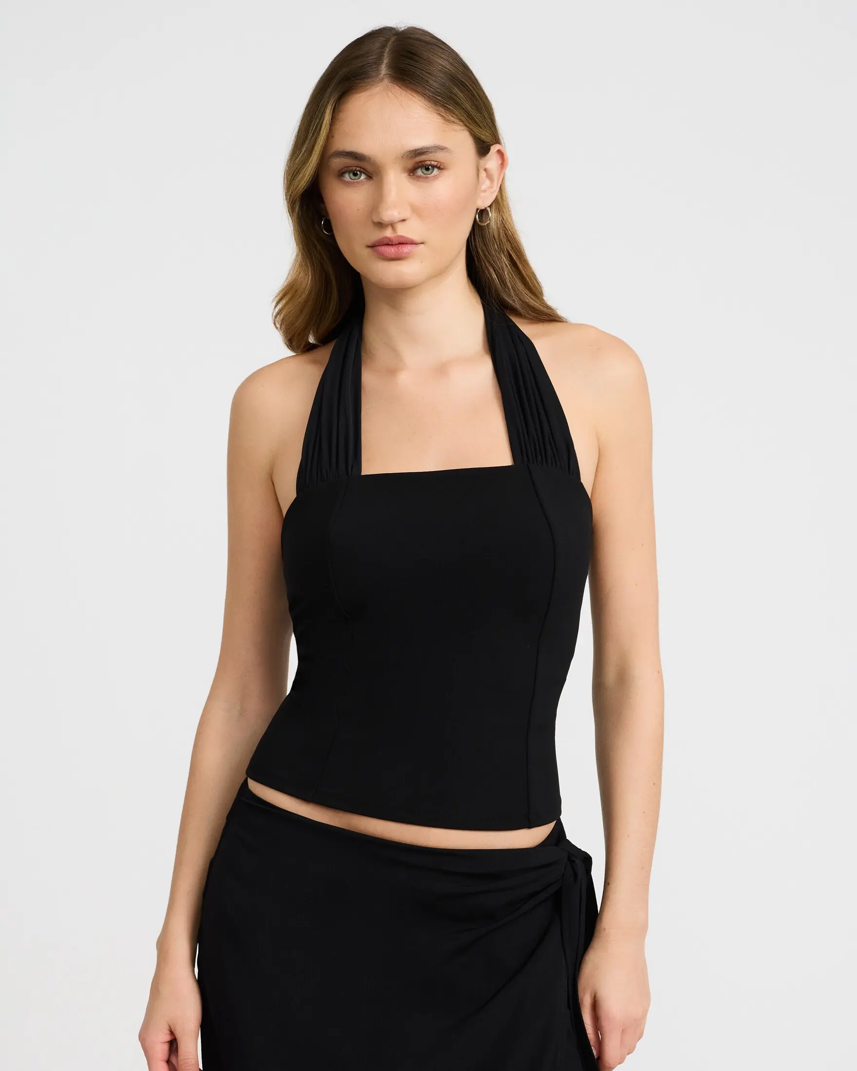 Express Mesh Halter Tie Neck Tank, Zipper, Fabric, Crepe, Halter Top