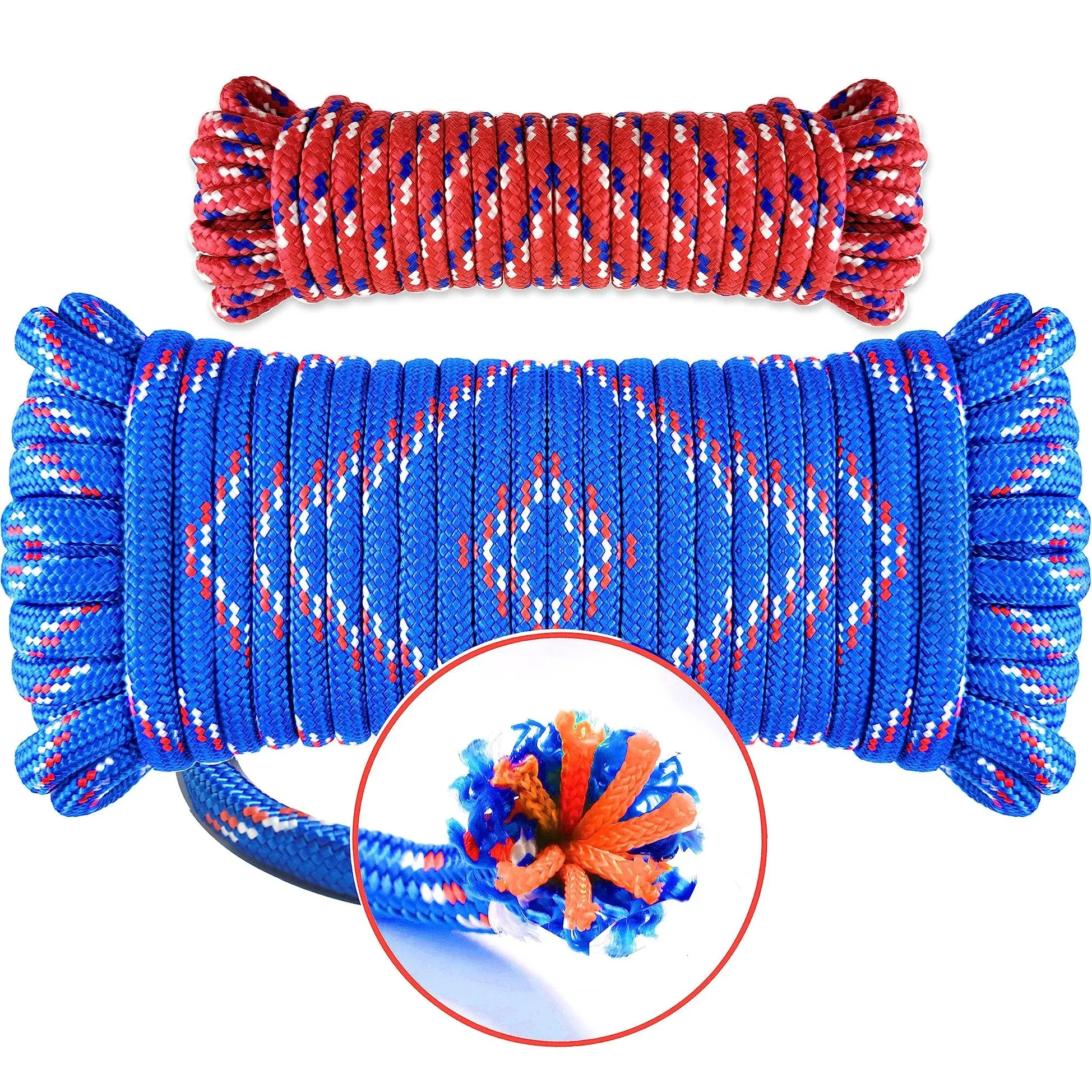 WELLMAX 32 Diamond Braid Nylon Rope, 1/2in x 50FT with Bonus 1/4in x 25FT Cord, UV-Resistant, High-Strength, High-Stretch, Moisture-Resistant, Smooth-Grip for Knotting, Mooring Lines, Crafting, Docking