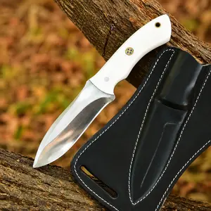 Custom Handmade Hunting Knife 1075 Carbon Steel – White Micarta Handle – Blacksmith Made EDC & Camping Knife with Leather Sheath