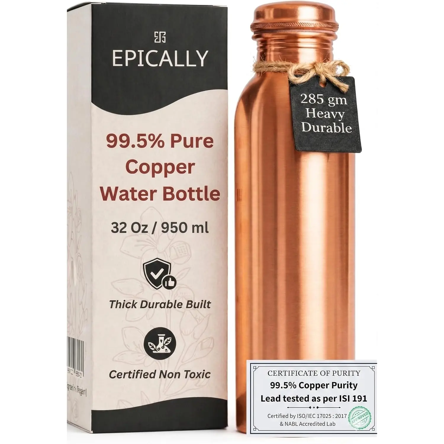 99.5% Pure Copper Water Bottle (32Oz) Lead Tested, Bpa-Free, 2 Extra Gasket | Thick Dent Resistant, Leak-Proof | Ayurvedic Cooper Bottles, Botellas De Cobre Puro Para Agua, Termo De Cobre Epically
